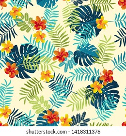 Tropical Summer seamless pattern with monstera leaves and hibiscus flowers. Bright jungle seamless background. Vivid optimistic juicy colors. Repeat pattern backdrop. Editable vector, clipping mask