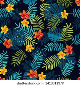 Tropical Summer seamless pattern. Monstera leaves, hibiscus flowers. Bright jungle seamless backdrop. Vivid optimistic juicy colors. Repeat pattern backdrop. Seamless artistic tropical background