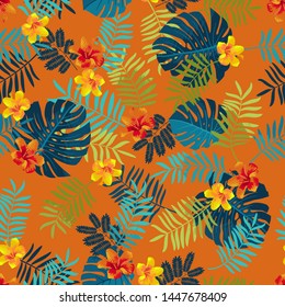 Tropical Summer seamless pattern with monstera leaves and hibiscus flowers. Bright jungle seamless background. Vivid optimistic juicy colors. Hawaiian Luau party orange backdrop. Vector illustration