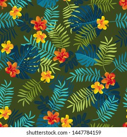 Tropical Summer seamless pattern with monstera leaves and hibiscus flowers. Bright jungle seamless background. Vivid optimistic juicy colors. Hawaiian Luau party backdrop. Editable vector illustration