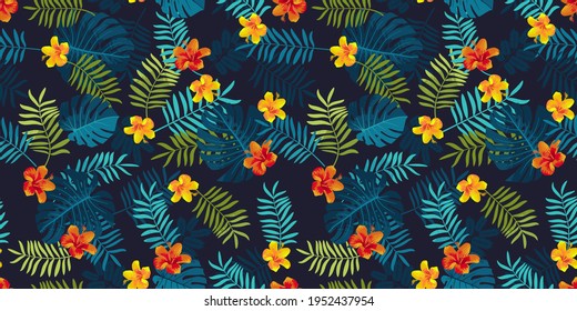 Tropical Summer seamless pattern with monstera leaves and hibiscus flowers. Bright jungle seamless background. Vivid optimistic juicy colors. Repeat pattern backdrop. Editable vector, clipping mask