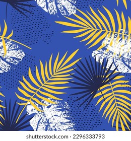 Tropical Summer seamless pattern with monstera leaves and palm tree elements. Monstera Leaves Retro Tropical Watercolor Seamless Summer Pattern. Exotic Botanical Jungle Fabric Boho Design
