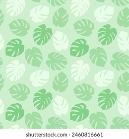 Tropical summer seamless pattern. Monstera palm leaves silhouette. Green background. Vector illustration
