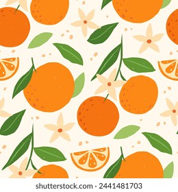 Patrón sin costuras de verano tropical con naranjas y flores. Fondo de cítricos. Diseño moderno de moda para papel, cubierta, tela. Ilustración vectorial.