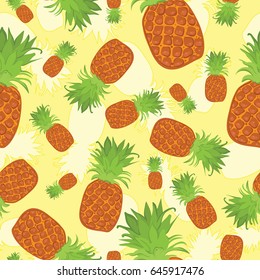 Tropical summer seamless pattern of pineapples on yellow background