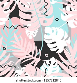 Patrón tropical sin fisuras. Hojas rosas, azules y blancas de un monstera y un helecho. Fondo vectorial. Adecuado para impresión en tela, papel pintado, ropa, papel para envolver, textil.