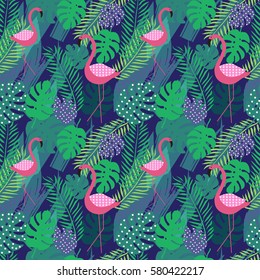 Tropical summer seamless pattern with pink flamingo and palm leaves. Vector illustration.