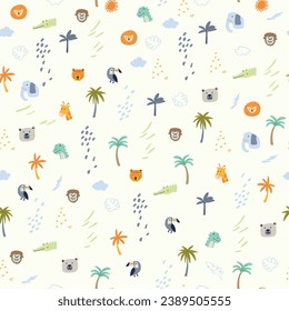 Tropical summer seamless pattern print. Tiger, lion, monkey, elephant,bear, giraffe, crocodile, dinosaur character design.Cute seamless pattern with safari animals.Fun t-shirt design vector, print.