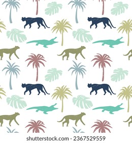 Tropical summer seamless pattern print.Cute seamless pattern with safari animals.Fun t-shirt design vector, print.