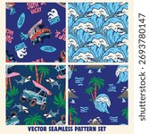 Tropical summer seamless pattern set with surf vans, waves, sharks, and palm trees. Fun ocean vector design perfect for kids apparel, beachwear, textiles, wrapping paper, and summer projects.