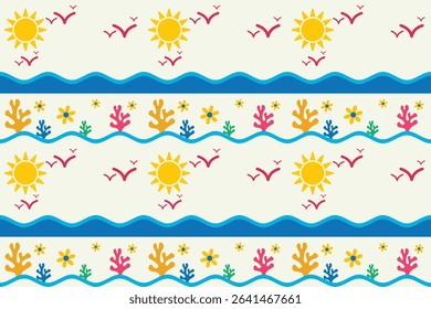 Tropical Summer Seamless Pattern with Sun, Waves, and Coral. Seamless summer pattern with sun, waves, flying birds, and coral reef. Perfect for beach products, kids’ clothing, and wrapping paper.