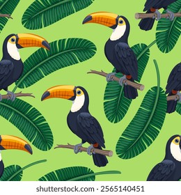 Tropical summer seamless pattern with toucans and banana leaves. Exotic bird sitting on a branch and leaves background. Fashionable pattern for fabric, wallpaper and more. Green background.