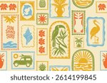 Tropical summer seamless pattern, vector exotic Hawaii decoration print, ocean surf vintage texture. Abstract nature travel ornamental postal stamp background, nature coastal design. Tropical pattern