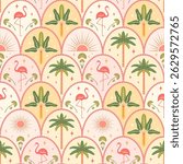 Tropical summer seamless pattern vector illustration. Flamingos, symmetrical palm trees, sun shapes on colorful scallop arch background. Exotic beach repeat tile, modern stylized art deco design