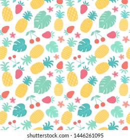 Tropical summer seamless pattern. Vector illustration with pineapples, monstera leaves, strawberries and cherry.