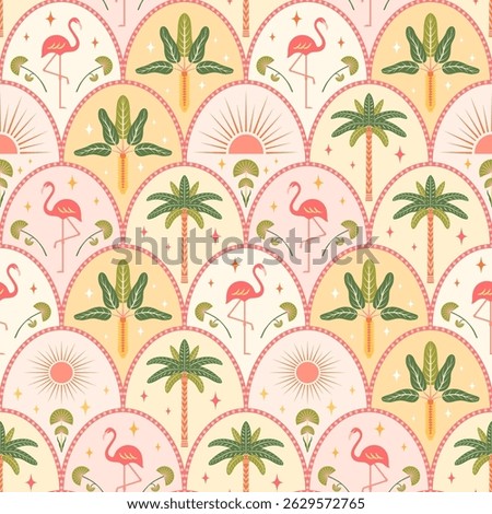 Tropical summer seamless pattern vector illustration. Flamingos, symmetrical palm trees, sun shapes on colorful scallop arch background. Exotic beach repeat tile, modern stylized art deco design Zdjęcia stock © 