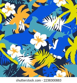 Tropical summer seamless pattern.Palm leaf, flower and surfboard drawing.Summer elements vector print.Vector illustration design for fashion fabrics, textile graphics, prints and other uses.