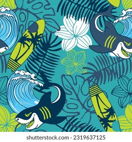 Tropical summer seamless pattern.Palm leaf, surfboard and shark drawing. For textile and more