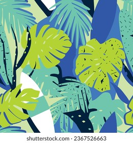 Tropical summer seamless pattern.Palm leaf and surfboard drawing.Summer elements vector print.Vector illustration design for fashion fabrics, textile graphics, prints, wallpapers and other uses.