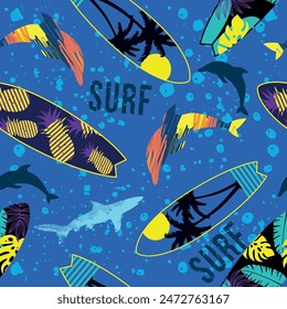 Tropical summer seamless pattern.Palm leaf, surfboard and shark drawing. For textile and more