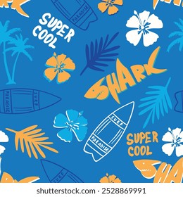 Verão tropical sem costura pattern.Palm folha, prancha de surf e desenho de tubarão. Para têxteis e muito mais