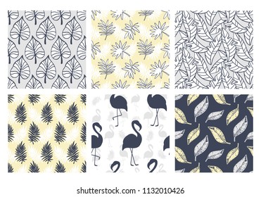 Tropical summer seamless patterns collection. Set of hawaiian plants, palm leaves, flamingo  hand drawn doodles. Good for wallpaper, invitation cards, textile print. Vector illustration