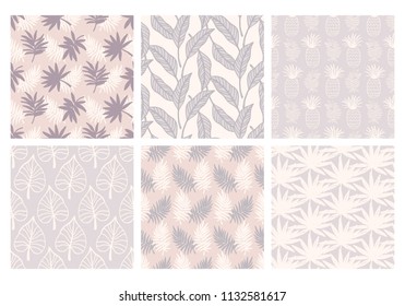 Tropical summer seamless patterns collection. Set of hawaiian plants, palm leaves, pineapples hand drawn doodles. Good for wallpaper, invitation cards, textile print. Vector illustration