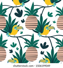 Tropical summer seamless vector background with toucan and pine apple. Design for fabric, wrapping, textile, wallpaper, apparel.