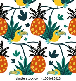 Tropical summer seamless vector background with toucan and pine apple. Design for fabric, wrapping, textile, wallpaper, apparel.