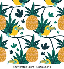 Tropical summer seamless vector background with toucan and pine apple. Design for fabric, wrapping, textile, wallpaper, apparel.