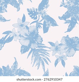 Tropical Summer Seamless Vintage Pattern Design. Abstract Flower Graphic Design. Summer Fabric Background With Botanical Palm leaves. perfect For Tee Sweatshirt 