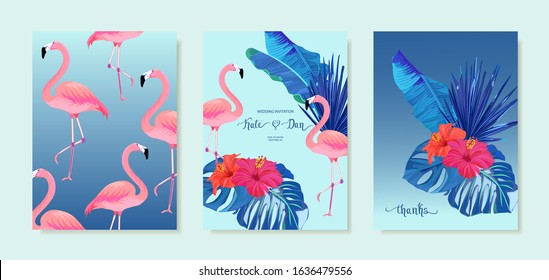 Tropical summer set with flamingos, palm leaves and hibiscus. For greting cards, party, poster, birthday, wedding. Summer jungle background. Vector illustration