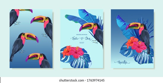 Tropical summer set with toucans, palm leaves and hibiscus. For greeting cards, party, poster, birthday, wedding. Summer jungle background. Vector illustration