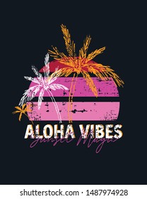 tropical summer shirt print design. palms and sunset stripes. vintage style. aloha vibes slogan.