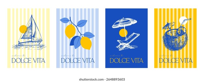 Tropical summer sketches of sailboat, lemon branch, beach chair, coconut drink on colorful striped backgrounds.  Mediterranean lifestyle. Hand drawn vector illustration.