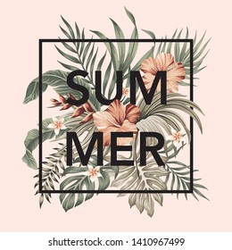 Tropical summer slogan hibiscus flower,  palm leaves, banana leaves vintage floral illustration. Exotic frame print.