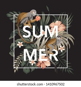 Tropical summer slogan monkey animal, hibiscus flower,  palm leaves, banana leaves vintage floral illustration. Exotic frame print.