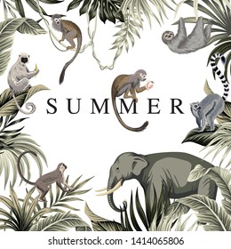 Tropical summer slogan palm leaves, wild animals, monkey, elephant,lemur, sloth  vintage floral illustration. Exotic frame print.