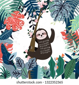Tropical summer sloth bear, toucan, palm trees, banana tree floral greenery background. Exotic jungle illustration vector by freehand doodle comic art,for nature wallpaper or textile print