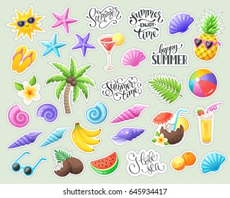 Tropical summer stickers isolated. Summer time wording with colorful beach objects. Fresh tropical fruits and cocktails icons.