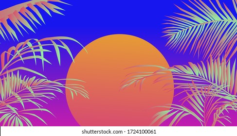 Tropical summer sunset landscape with coconut palm trees or ferns. Lounge atmosphere on vacations. Vaporwave and retrowave style illustration for print or cover.