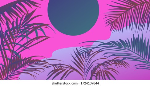 Tropical summer sunset landscape with coconut palm trees or ferns. Lounge atmosphere on vacations. Vaporwave and retrowave style illustration for print or cover.