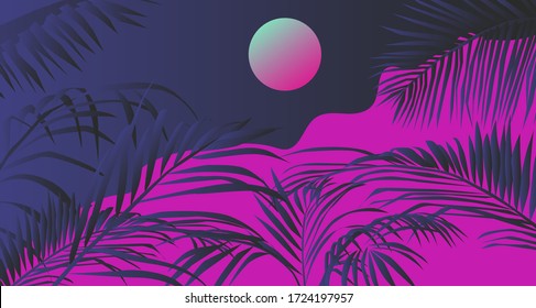 Tropical summer sunset landscape with coconut palm trees or ferns. Lounge atmosphere on vacations. Vaporwave and retrowave style illustration for print or cover.