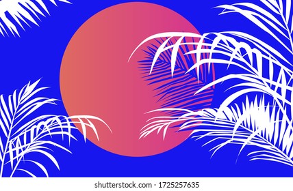 Tropical summer sunset landscape with coconut palm trees or ferns.