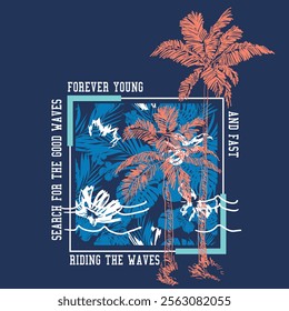 tropical summer surfing waves vibes T-shirt design in vector, happiness comes in waves, text with a waves illustration, for t-shirt prints, posters. Summer Beach