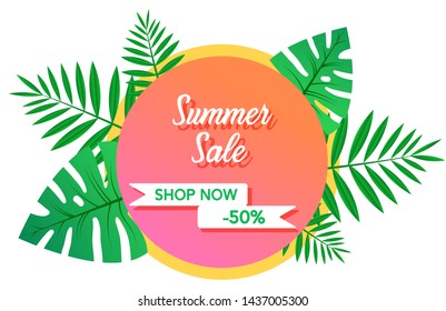 Tropical summer template for discount or sale advertising poster, banner or flyer. Sale banner design for special seasonal offer. 