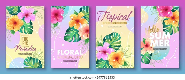 Tropical summer template set with tropical flowers and leaves on variegated bright background. Vector illustration