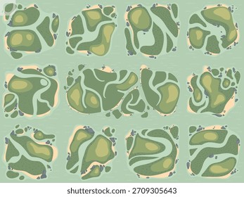 Tropical summer terrain map illustration set. Vector handdrawn illustrations