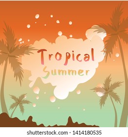 Tropical Summer text with sunset background. Summer holiday bakground. Retro style