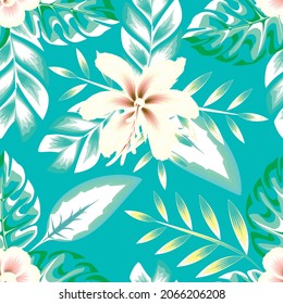 tropisches Sommerthema nahtloses Muster mit grünen Monsterablättern und abstrakten Blumen auf hellblauem Hintergrund. Strandhintergrund nahtloses Muster. floraler Hintergrund